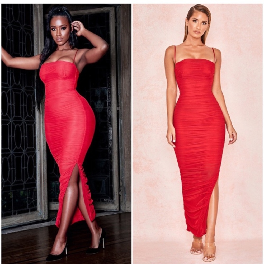 HOUSE OF CB Fornarina Ruched Organza Mesh Dress - Red